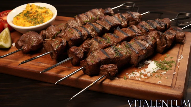Delicious Grilled Meat Skewers with Fresh Herbs on Wooden Cutting Board AI Image