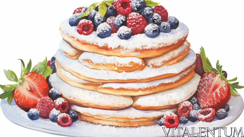 Delicious Pancakes with Fresh Berries Watercolor Painting AI Image