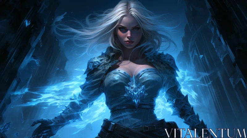 AI ART Female Warrior in Dark Cavern with Blue Flames