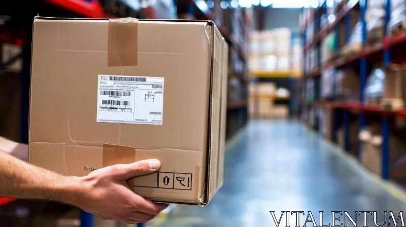 Hand Holding Cardboard Box in Warehouse - Brown Box with Barcode Label AI Image
