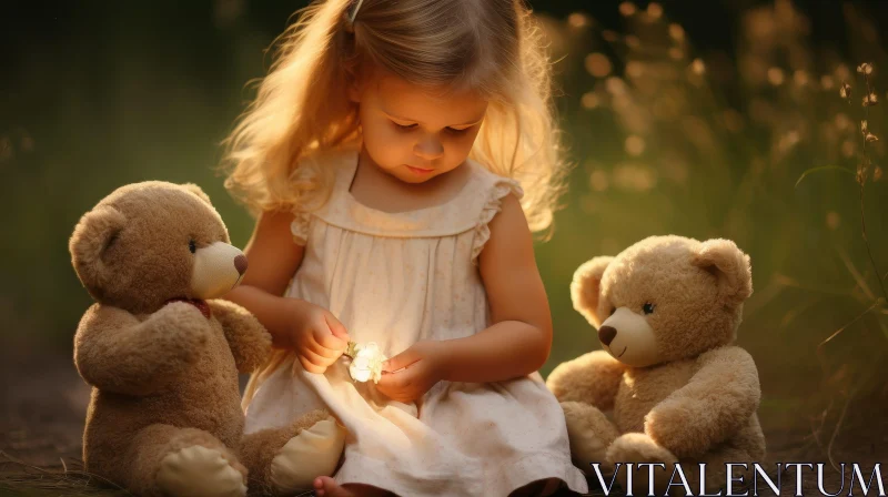 Innocent Joy: Little Girl with Teddy Bears in Field AI Image