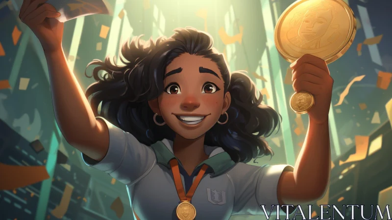 Joyful Woman Celebrating Victory with Gold Medal AI Image