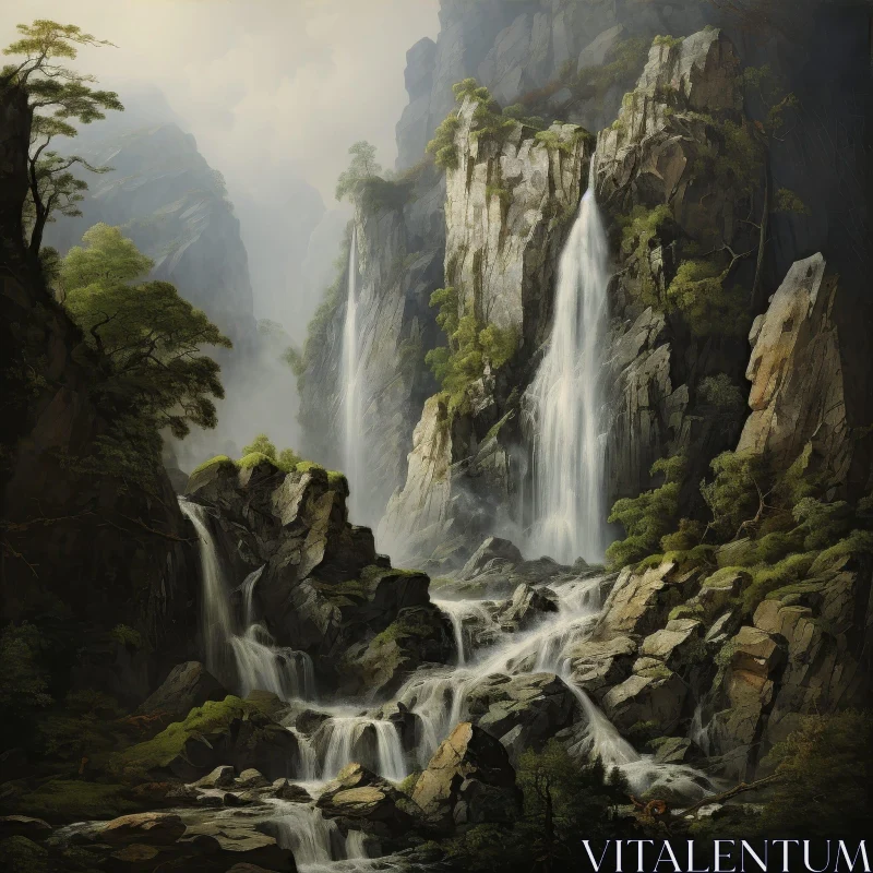 Mountain Waterfall Painting - Nature Beauty AI Image