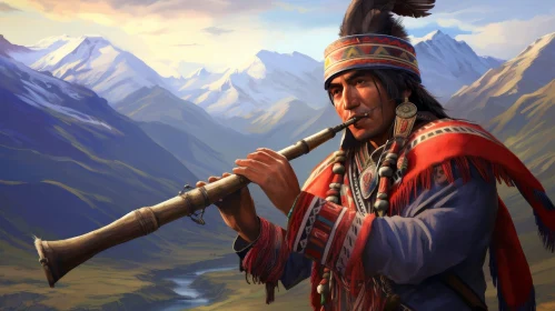 Native American Flute Player in Mountain Landscape