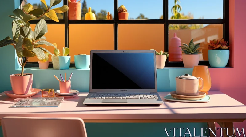 Pink Desk Interior with Laptop, Plants, and Teapot AI Image