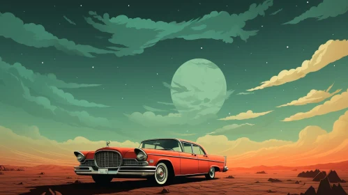 Red Vintage Car in Retrofuturistic Desert Landscape