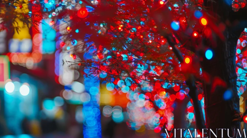 AI ART Blurred Red Leaves on Tree with Bokeh Lights | Nature Image