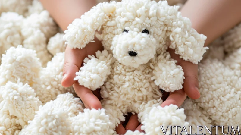 AI ART Captivating Image: Child's Hands Holding Fluffy Yarn Toy Dog