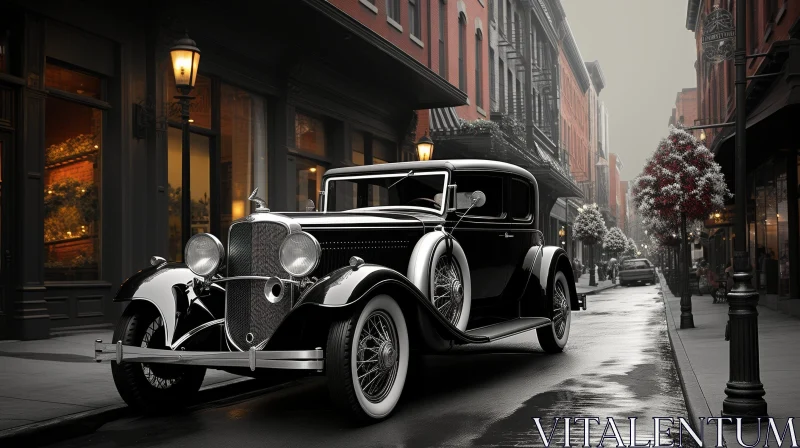 Classic 1930s Car on Wet City Street - 3D Rendering AI Image