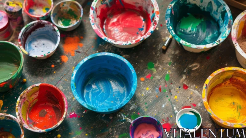 Colorful Paint Bowls and Paintbrushes: A Creative Masterpiece AI Image
