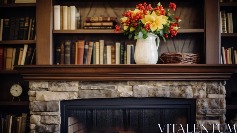 AI ART Cozy Fireplace Mantel Decor with Flowers