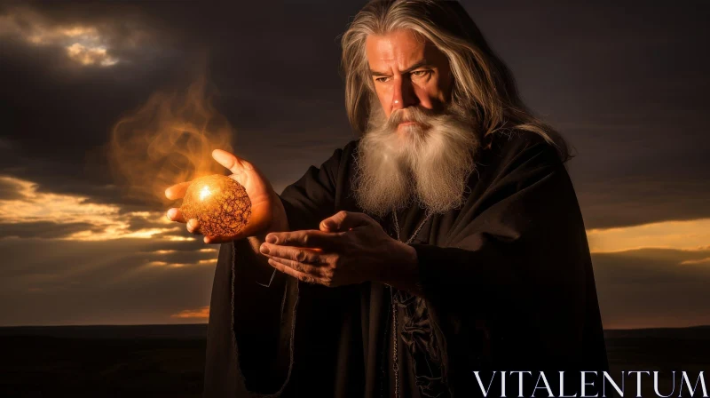 Enigmatic Wizard in Dark Landscape AI Image