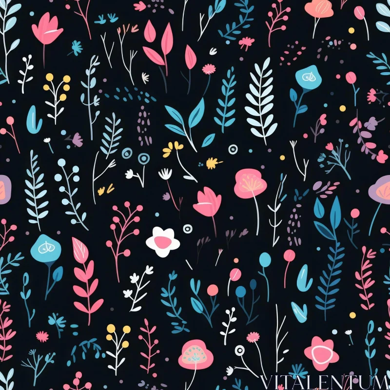 Hand-Drawn Floral Pattern in Pink, Blue, Yellow on Black AI Image