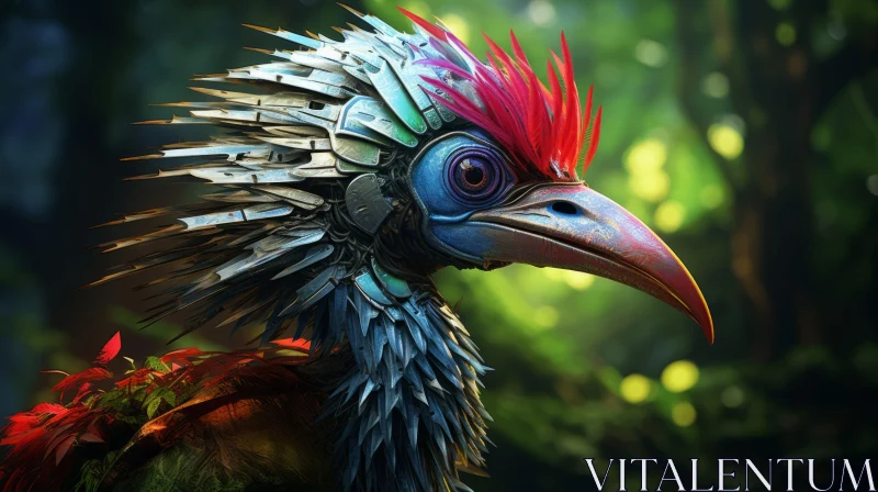 Majestic Blue-Horned Bird in Mysterious Jungle - Futuristic Digital Art AI Image