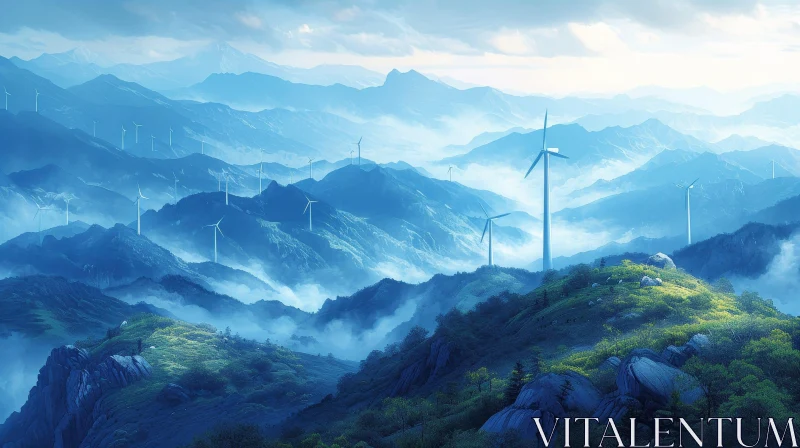 Majestic Wind Turbines in Mountain Landscape AI Image