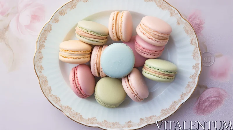 Multicolored Macarons on White Plate with Floral Design AI Image