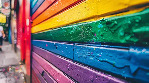 Rainbow-Painted Wooden Wall Close-Up