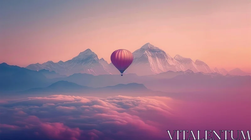 Serene Hot Air Balloon Landscape Over Snow-Covered Mountains AI Image