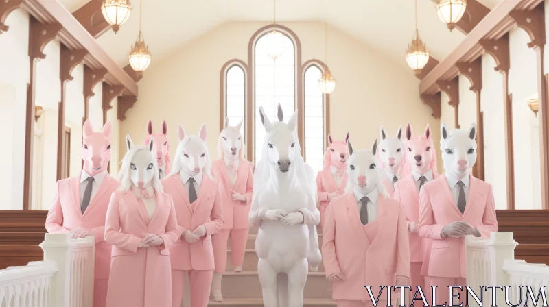 AI ART Surrealistic White Rabbits in Pink Suits in a Church