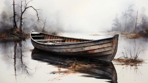 Tranquil Watercolor Painting of Boat on Lake