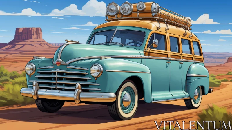 Vintage Retro Car Driving Through Desert Landscape AI Image