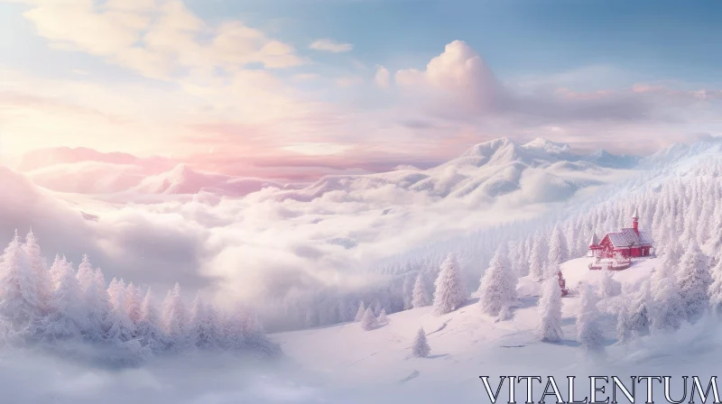 Winter Landscape with Snow-Capped Mountains and Red Cabin AI Image