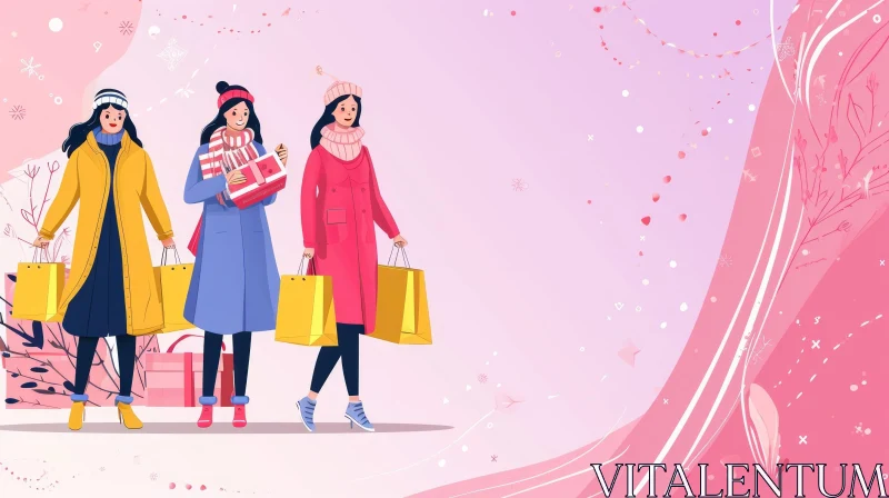 Winter Landscape with Three Women Walking - Holiday Shopping Illustration AI Image