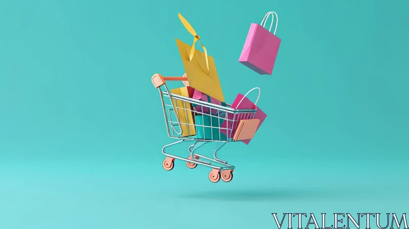 3D Shopping Cart with Pastel-Colored Shopping Bags on Blue Background AI Image