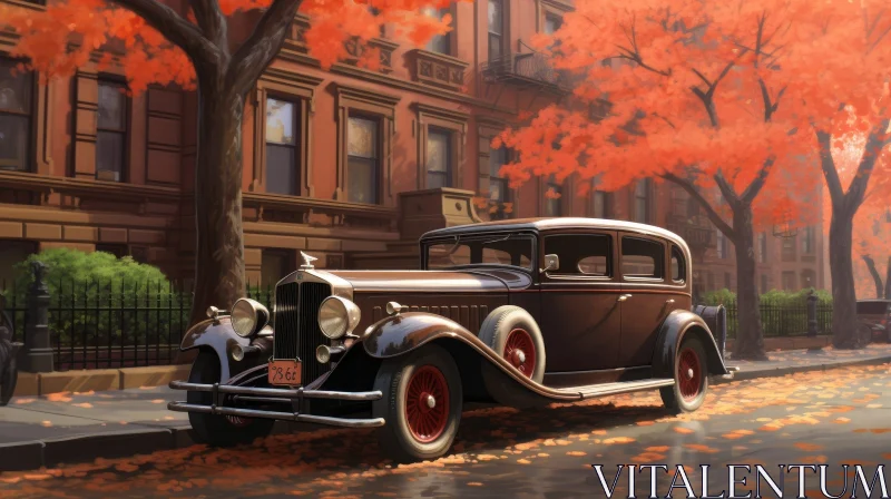 Autumn Cityscape Painting with Classic Car AI Image