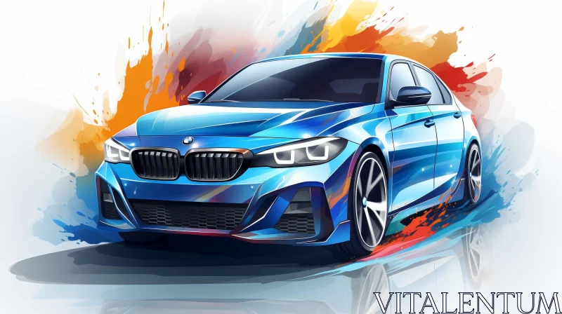 Blue BMW Car in Motion on Colorful Abstract Background AI Image