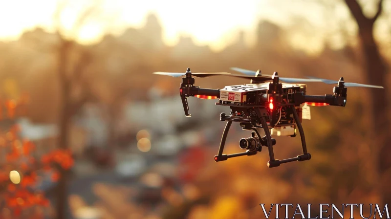 Captivating Aerial Shot: Black Drone with Camera Flying Over Cityscape AI Image