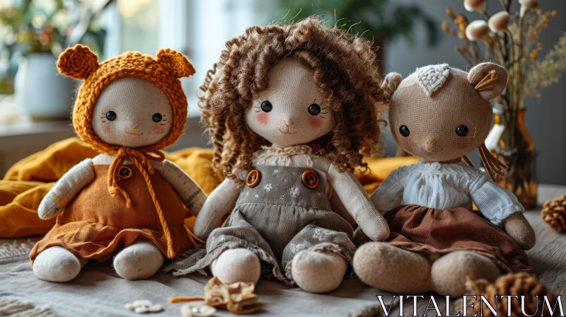 Charming Handmade Dolls on Wooden Table AI Image