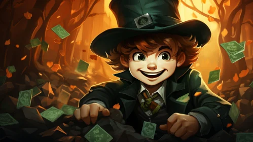 Cheerful Leprechaun Cartoon Illustration in Forest with Gold Coins