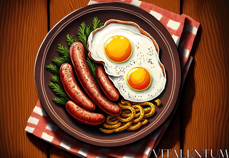 Delicious Sausage, Eggs, and Noodles on a Plate | Realistic Art AI Image