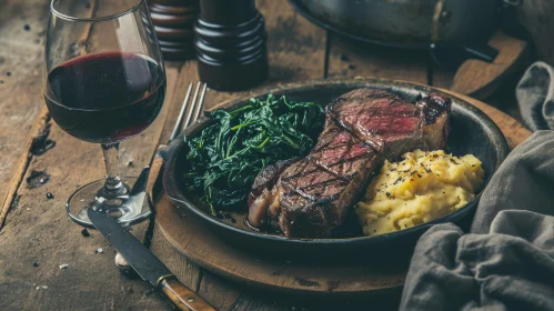 Delicious Steak with Spinach and Mashed Potatoes on Wooden Table