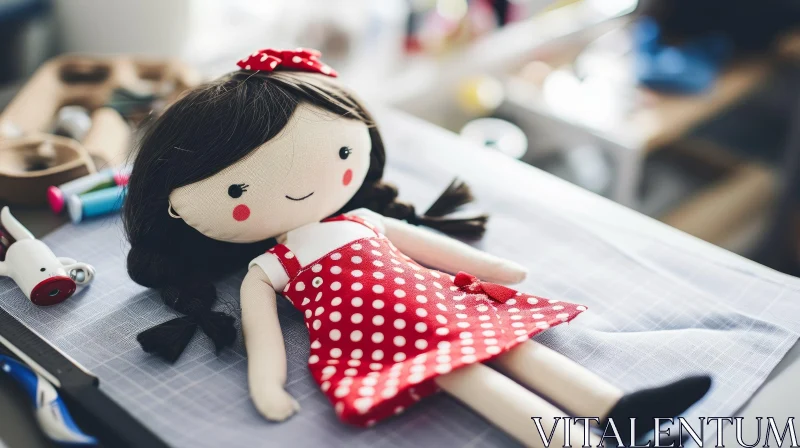 Delightful Handmade Doll on White Fabric with Blue Grid AI Image