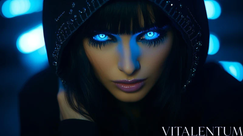 Enigmatic Blue-Eyed Woman in Black Hoodie AI Image