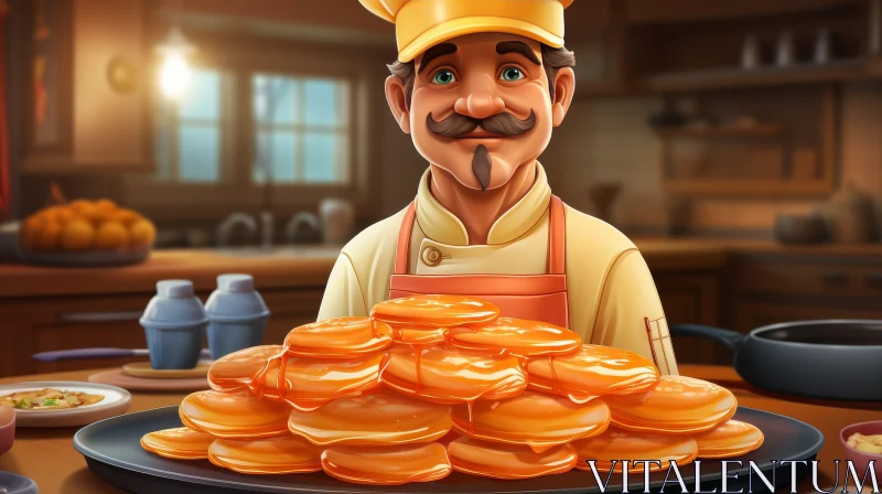 AI ART Friendly Chef with Pancakes in Kitchen