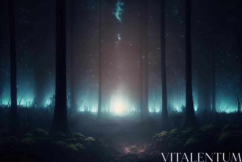 Glowing Light in Dark Forest - Ethereal Illustration AI Image