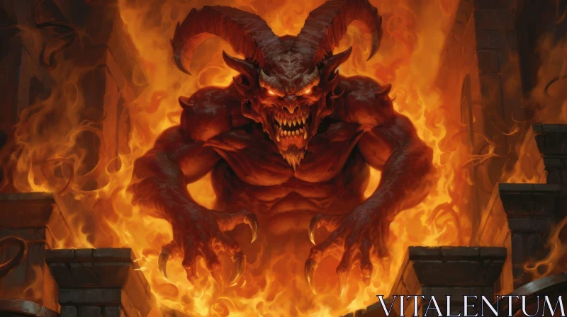 Menacing Red Demon in Fiery Background AI Image