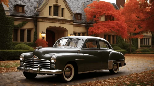 Old Black Car Parked in Front of House Covered in Autumn Leaves