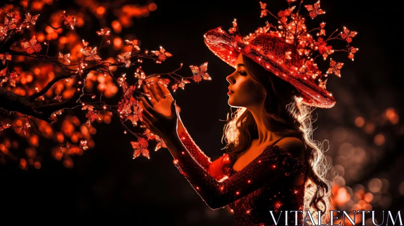 Red Dress Woman in Enchanted Forest AI Image