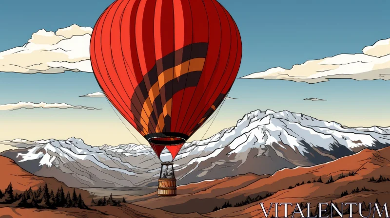 Red Hot Air Balloon Cartoon Flying Over Snowy Mountains AI Image