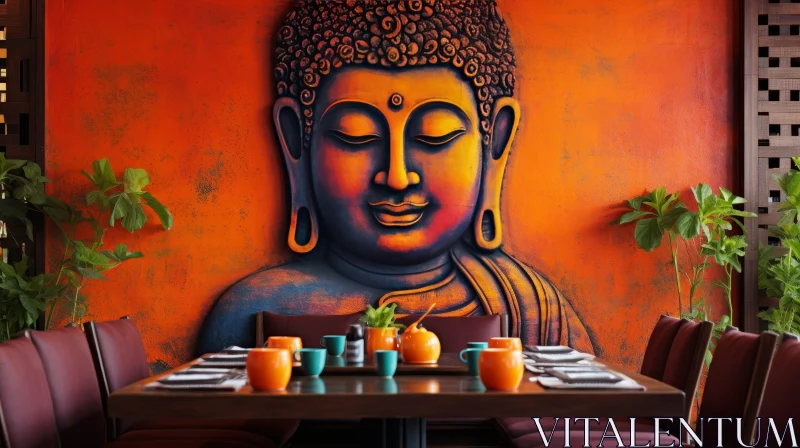 AI ART Restaurant with Buddha Mural - Warm and Inviting Atmosphere