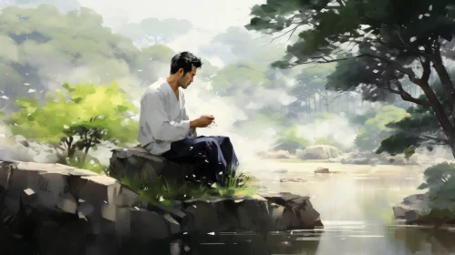 Tranquil Nature Painting: Man in White Kimono Meditating by River