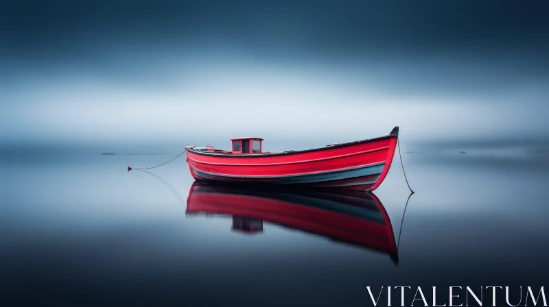 AI ART Tranquil Red Boat Floating on Still Lake in Gray Fog