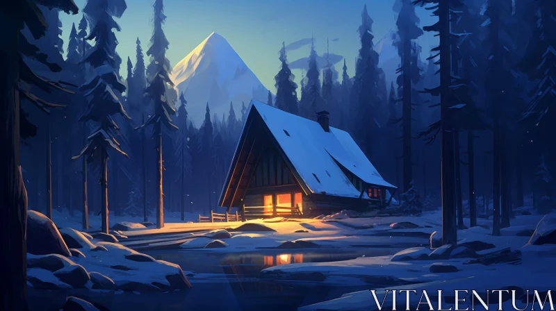 Winter Cabin in Snowy Landscape AI Image