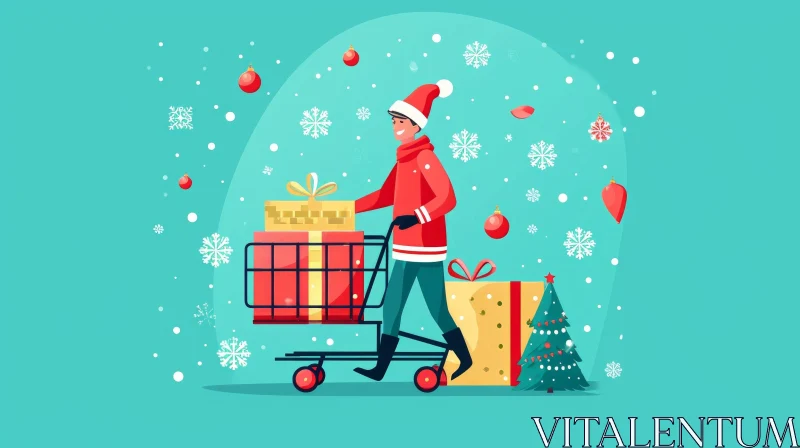 A Festive Vector Illustration: Man with Shopping Cart and Presents AI Image