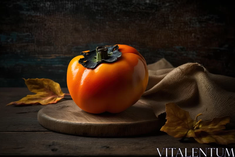 Autumn Still Life: Ripe Persimmon on Wooden Board with Falling Leaves AI Image