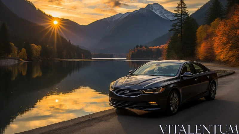 Black Ford Taurus Parked by Lake at Sunset AI Image